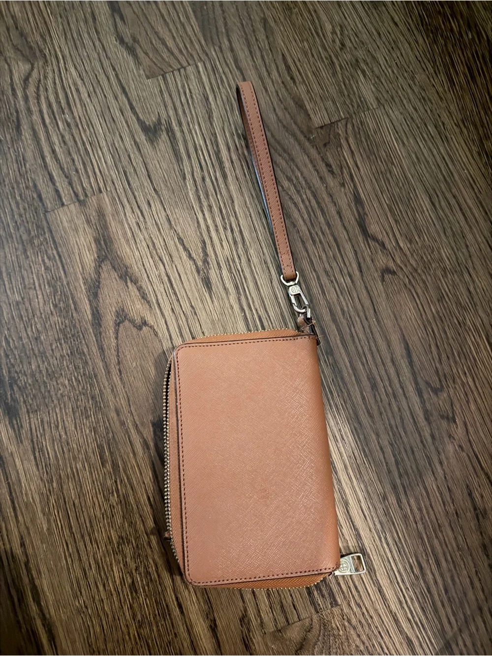 Tory Burch Cognac Leather Zip Wristlet with Gold Logo